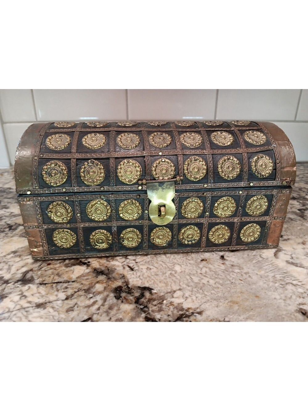 Vintage India Wooden Trinket Box, Treasure Chest 8" Long 4” High, 4” Deep NICE